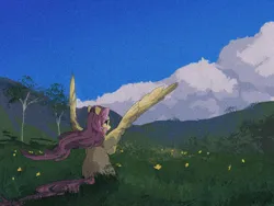 Size: 2160x1620 | Tagged: safe, artist:left_pigeon, artist:lendftcn, derpibooru import, fluttershy, pegasus, pony, cloud, female, flower, grass, image, mare, png, scenery, sitting, sky, solo, spread wings, tree, wind, windswept mane, wings