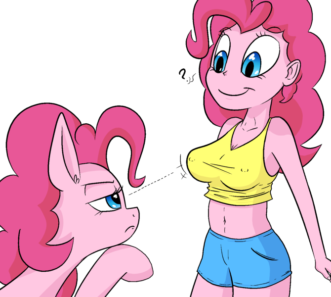 Size: 1540x1380 | Tagged: suggestive, artist:happy harvey, derpibooru import, pinkie pie, earth pony, human, pony, equestria girls, belly button, blue bottomwear, blue eyes, braless, breasts, clothes, doppelganger, drawn on phone, ear fluff, erect nipples, exposed belly, female, happy, human ponidox, image, jealous, looking at breasts, looking at each other, looking at someone, mare, nipple outline, pink fur, pink skin, png, question mark, self paradox, self ponidox, shorts, simple background, smiling, stare, tanktop, thinking, tomboy, transparent background, yellow topwear