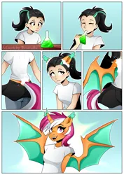 Size: 2480x3508 | Tagged: safe, artist:buvanybu, derpibooru import, oc, oc:lyra heartscoota, unofficial characters only, alicorn, anthro, bat pony, bat pony alicorn, human, bat pony oc, bat wings, comic, female, high res, horn, human to anthro, image, png, potion, solo, transformation, transformation sequence, wings