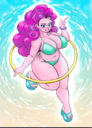 Size: 626x870 | Tagged: suggestive, artist:omegasunburst, color edit, derpibooru import, edit, editor:theleonardfr33m4n, pinkie pie, human, belly button, bikini, breasts, busty pinkie pie, chubby, clothes, colored, curly hair, female, humanized, image, loop-de-hoop, plump, png, pony coloring, side-tie bikini, solo, solo female, swimsuit, thick