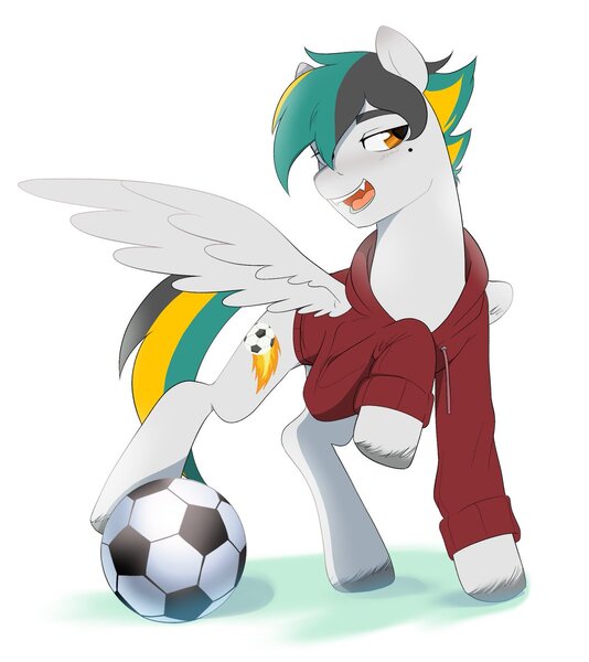 Size: 1068x1200 | Tagged: safe, artist:aztrial, derpibooru import, oc, unofficial characters only, pegasus, pony, clothes, football, hair over one eye, hoodie, image, jpeg, lidded eyes, looking at you, solo, sports, spread wings, wings