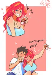 Size: 1400x2000 | Tagged: safe, artist:sozglitch, derpibooru import, sunset shimmer, oc, oc:generic messy hair anime anon, human, absurd resolution, alcohol, bare shoulders, breasts, bust, busty sunset shimmer, can, clothes, drink, drunk, drunk bubbles, duo, duo male and female, english, eyes closed, female, glass, heart, humanized, image, japanese, jpeg, looking at you, male, moon runes, open mouth, open smile, simple background, smiling, smiling at you, white background