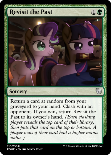 Size: 375x523 | Tagged: safe, artist:minty root, derpibooru import, edit, starlight glimmer, twilight sparkle, unicorn, ccg, golden oaks library, hot sauce, image, library, magic the gathering, missing out, png, time travel, trading card, trading card edit, unicorn twilight