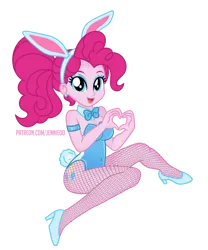 Size: 830x1000 | Tagged: suggestive, artist:jennieoo, derpibooru import, pinkie pie, human, equestria girls, animal, animal costume, bare shoulders, both cutie marks, breasts, bunny ears, bunny suit, clothes, costume, cutie mark on human, eyeshadow, female, fishnets, happy, high heels, image, looking at you, makeup, playboy bunny, playboy bunny pinkie pie, png, ribbon, shoes, show accurate, simple background, smiling, smiling at you, socks, solo, solo female, stockings, thigh highs, transparent background, vector