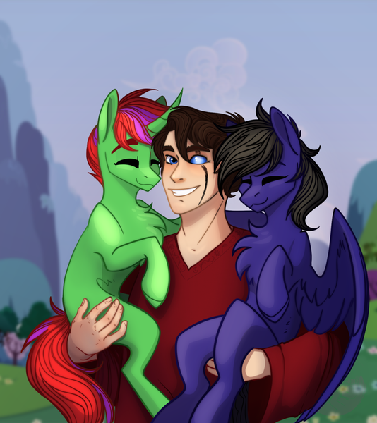 Size: 1457x1636 | Tagged: safe, derpibooru import, oc, oc:book binder, oc:elias, oc:night flash, human, pegasus, pony, unicorn, family, fanart, hugging a pony, image, png, tcp, the centurion project