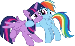 Size: 10430x6473 | Tagged: safe, artist:sollace, derpibooru import, rainbow dash, twilight sparkle, twilight sparkle (alicorn), alicorn, pegasus, pony, stranger than fan fiction, .svg available, behaving like a dog, bronybait, cute, derpibooru exclusive, duo, full body, hug, image, looking at each other, looking at someone, png, scrunchy face, smiling, vector