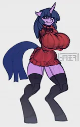 Size: 807x1280 | Tagged: suggestive, artist:zer0ember, derpibooru import, twilight sparkle, anthro, unguligrade anthro, angry, big breasts, breasts, busty twilight sparkle, clothes, crossed arms, female, gritted teeth, huge breasts, image, impossibly large breasts, jpeg, sharp teeth, signature, simple background, socks, solo, solo female, stockings, sweater dress, sweater puppies, teeth, thigh highs, white background