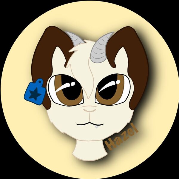 Size: 1559x1559 | Tagged: safe, artist:kjell-harmony13, derpibooru import, oc, oc:hazel bloons, unofficial characters only, goat, derpibooru, brown eyes, bust, derpibooru exclusive, ear tag, eyes open, horns, image, jpeg, male, meta, portrait, simple background, solo, tags