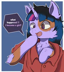 Size: 1319x1500 | Tagged: safe, artist:rataros, derpibooru import, twilight sparkle, human, pony, unicorn, bust, clothes, human to pony, image, jpeg, male to female, open mouth, oversized clothes, oversized shirt, rule 63, shirt, shocked, speech bubble, transformation, transgender transformation, wide eyes