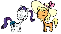 Size: 1064x598 | Tagged: safe, artist:corwin, derpibooru import, applejack, rarity, earth pony, pony, unicorn, 2012, alternate hairstyle, applejewel, bucktooth, clothes, daisy dukes, duo, female, hat, hilarious in hindsight, image, png, ponytail, rarihick, shorts, simple background, white background