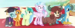 Size: 1527x587 | Tagged: safe, derpibooru import, screencap, gallus, ocellus, sandbar, silverstream, smolder, yona, changedling, changeling, classical hippogriff, dragon, earth pony, gryphon, hippogriff, pony, yak, uprooted, cropped, image, png, student six