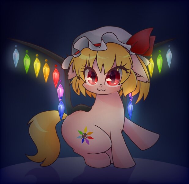 Size: 2048x1987 | Tagged: safe, artist:namaenonaipony, derpibooru import, ponified, pony, abstract background, dark background, eye clipping through hair, female, flandre scarlet, glow, hat, image, jpeg, looking at you, raised hoof, solo, touhou