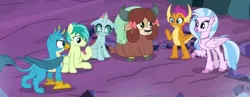 Size: 1448x560 | Tagged: safe, derpibooru import, screencap, gallus, ocellus, sandbar, silverstream, smolder, yona, changedling, changeling, classical hippogriff, dragon, earth pony, gryphon, hippogriff, pony, yak, uprooted, cropped, image, png, student six