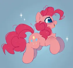 Size: 782x726 | Tagged: safe, artist:mirtash, derpibooru import, pinkie pie, earth pony, pony, blue background, ear fluff, female, image, jpeg, jumping, mare, open mouth, open smile, profile, simple background, smiling, solo, sparkles