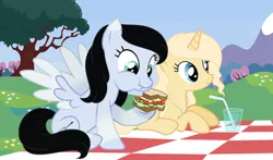 Size: 1280x753 | Tagged: safe, artist:cindystarlight, derpibooru import, oc, oc:lucy ghost, unofficial characters only, pegasus, pony, unicorn, base used, eating, female, food, image, jpeg, lying down, mare, picnic blanket, prone, sandwich