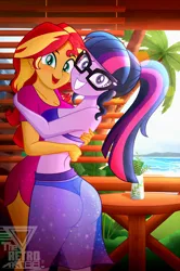 Size: 1700x2553 | Tagged: suggestive, artist:theretroart88, derpibooru import, sci-twi, sunset shimmer, twilight sparkle, equestria girls, blushing, butt, clothes, duo, duo female, female, glasses, image, looking at you, ocean, open mouth, outdoors, png, resort, sand, seaside, smiling, summer, table, twibutt, water