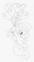 Size: 862x1536 | Tagged: safe, artist:dreamtimeponies, artist:lauren faust, derpibooru import, baby half note, pinkie pie, earth pony, pony, baby, baby half note can fly, baby hawwlf note, baby pony, balloon, black and white, cute, female, filly, floating, flying, foal, g1, g1 to g4, g4, generation leap, grayscale, holding, image, monochrome, png, simple background, sketch, smiling, solo, then watch her balloons lift her up to the sky, white background