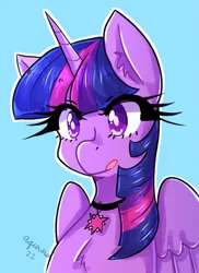 Size: 2013x2761 | Tagged: safe, artist:ashes-arts, artist:mylittleyuri, derpibooru import, twilight sparkle, twilight sparkle (alicorn), alicorn, pony, :p, blue background, chest fluff, choker, cute, image, png, simple background, solo, tongue out, twiabetes