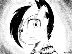 Size: 4000x3000 | Tagged: safe, artist:reinbou, derpibooru import, rainbow dash, pegasus, pony, the cutie re-mark, alternate hairstyle, alternate universe, berserk, black and white, grayscale, image, monochrome, png, simple background, solo