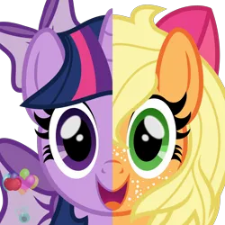 Size: 2000x2000 | Tagged: safe, artist:favitwink, derpibooru import, applejack, twilight sparkle, :d, accessory swap, alternate hairstyle, animated, animated png, apple bloom's bow, bow, bust, commission, duo, eyes open, freckles, hair bow, happy, head only, horn, image, looking at you, loop, loose hair, open mouth, open smile, perfect loop, png, portrait, show accurate, simple background, smiling, split screen, symmetrical, transparent background, two sides, wide eyes, your character here