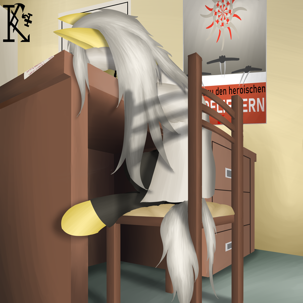 Size: 3000x3000 | Tagged: safe, artist:kirov, derpibooru import, oc, unofficial characters only, earth pony, pony, chair, clothes, cyrillic, female, german, ho 229, image, interior, mare, paper, png, poster, propaganda poster, room, russian, sleeping, table, text, white mane, wolfenstein, yellow coat