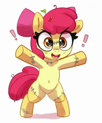 Size: 1953x2356 | Tagged: safe, artist:pabbley, derpibooru import, apple bloom, earth pony, pony, adorabloom, belly button, bipedal, cute, exclamation point, female, filly, foal, image, jpeg, leaf, open mouth, simple background, solo, tree branch, white background, zombie costume