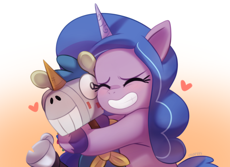 Size: 3123x2268 | Tagged: safe, artist:maren, derpibooru import, izzy moonbow, pony, unicorn, my little pony: tell your tale, cute, duo, eyes closed, female, g5, grin, heart, hug, image, izzybetes, mare, png, señor butterscotch, smiling, unshorn fetlocks