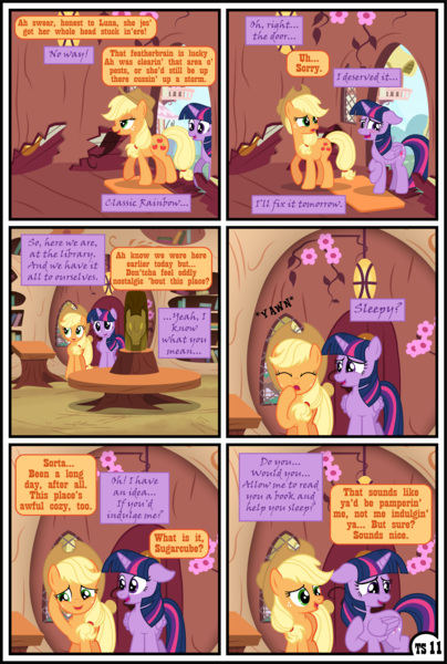 Size: 3255x4838 | Tagged: safe, artist:gutovi, derpibooru import, applejack, twilight sparkle, twilight sparkle (alicorn), alicorn, earth pony, pony, comic:why me!?, alternate ending, comic, door, doorway, female, golden oaks library, hat, high res, image, lesbian, library, mare, png, shipping, show accurate, table, twijack, yawn