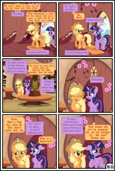 Size: 3255x4838 | Tagged: safe, artist:gutovi, derpibooru import, applejack, twilight sparkle, twilight sparkle (alicorn), alicorn, earth pony, pony, comic:why me!?, alternate ending, comic, door, doorway, female, golden oaks library, hat, high res, image, lesbian, library, mare, png, shipping, show accurate, table, twijack, yawn