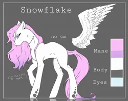 Size: 1171x926 | Tagged: safe, artist:thelazyponyy, derpibooru import, oc, oc:snowflake, unofficial characters only, pegasus, pony, ear fluff, female, image, jewelry, jpeg, mare, necklace, pegasus oc, raised hoof, reference sheet, solo, wings