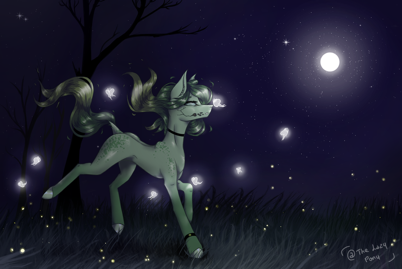 Size: 2000x1339 | Tagged: safe, artist:thelazyponyy, derpibooru import, oc, unofficial characters only, earth pony, firefly (insect), insect, pony, choker, ear fluff, earth pony oc, full moon, image, moon, outdoors, png, running, signature, solo