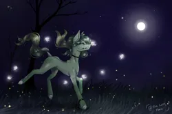 Size: 2000x1339 | Tagged: safe, artist:thelazyponyy, derpibooru import, oc, unofficial characters only, earth pony, firefly (insect), insect, pony, choker, ear fluff, earth pony oc, full moon, image, moon, outdoors, png, running, signature, solo