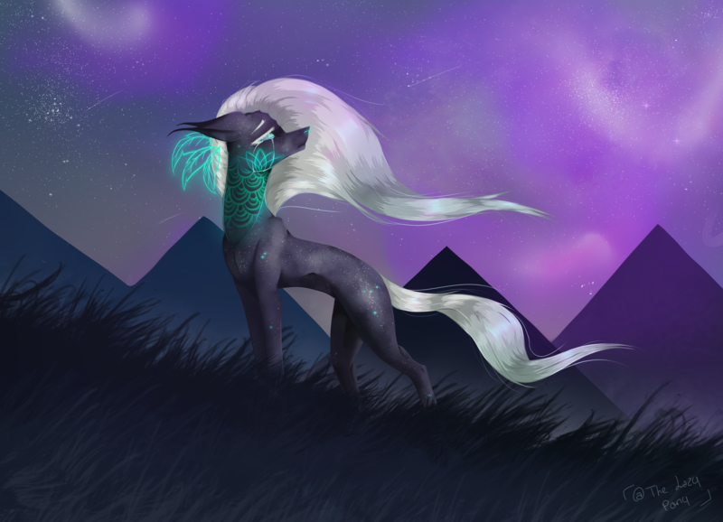 Size: 2735x1976 | Tagged: safe, artist:thelazyponyy, derpibooru import, oc, unofficial characters only, earth pony, pony, aurora borealis, ear fluff, earth pony oc, image, looking back, mountain, png, solo, tattoo