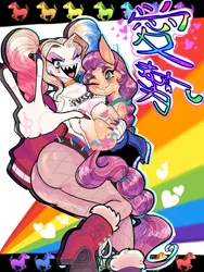Size: 4500x6000 | Tagged: safe, artist:bluerm, derpibooru import, sunny starscout, earth pony, pony, chinese text, dc comics, female, g5, harley quinn, holding a pony, image, mare, moon runes, one eye closed, peace sign, png, rainbow, sharp teeth, smiling, teeth, wink