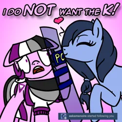 Size: 800x800 | Tagged: safe, artist:thedragenda, derpibooru import, oc, oc:ace, oc:amenoire, earth pony, pony, ask-acepony, female, image, kissing, mare, png, riot shield