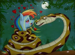 Size: 3278x2392 | Tagged: safe, artist:crafty-cobra, artist:kinipharian, derpibooru import, rainbow dash, pegasus, pony, snake, coils, duo, female, full moon, heart, heart eyes, hypno dash, hypno eyes, hypnosis, image, imminent vore, kaa eyes, male, mare, moon, night, png, savio, the penguins of madagascar, wingding eyes