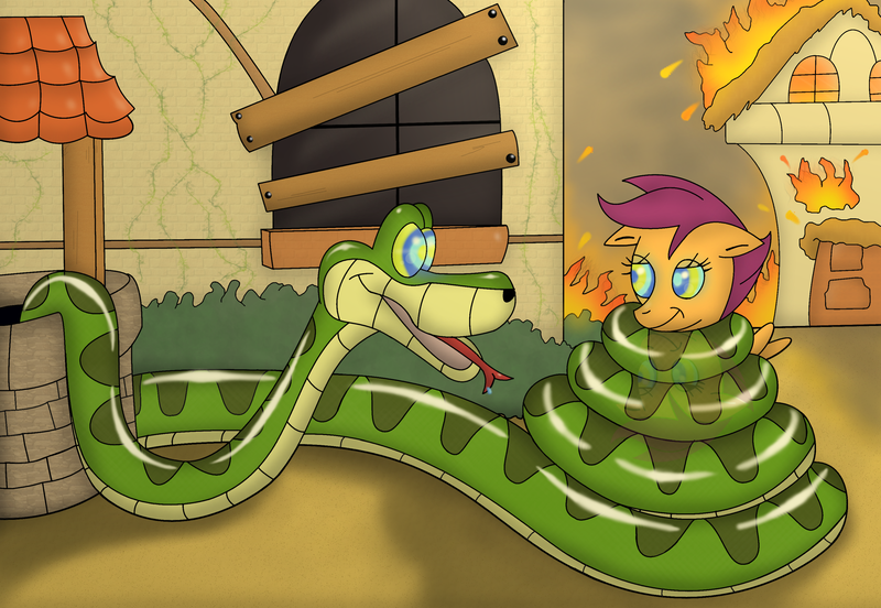 Size: 3146x2172 | Tagged: questionable, artist:crafty-cobra, artist:kinipharian, derpibooru import, scootaloo, pegasus, pony, snake, spoiler:comic16, building, coils, duo, female, fetish, filly, fire, foal, hypno eyes, hypnosis, hypnosis fetish, hypnotized, image, imminent vore, kaa, kaa eyes, male, mind control, outdoors, png, scene interpretation, swirly eyes, well
