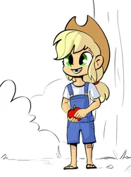 Size: 3204x4296 | Tagged: safe, artist:tjpones, derpibooru import, applejack, human, equestria girls, apple, clothes, cute, food, grin, high res, image, jackabetes, overalls, png, smiling, solo, tooth gap, younger