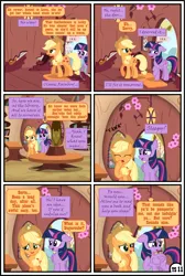 Size: 3255x4838 | Tagged: safe, artist:gutovi, derpibooru import, applejack, twilight sparkle, twilight sparkle (alicorn), alicorn, earth pony, pony, comic:why me!?, alternate ending, comic, door, doorway, female, golden oaks library, hat, high res, image, lesbian, library, mare, png, shipping, show accurate, table, twijack, yawn