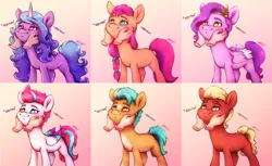 Size: 1800x1100 | Tagged: safe, artist:buttersprinkle, derpibooru import, hitch trailblazer, izzy moonbow, pipp petals, sprout cloverleaf, sunny starscout, zipp storm, earth pony, pegasus, unicorn, my little pony: a new generation, g5, image, mane five (g5), offscreen character, offscreen human, png, squeezing, squishy cheeks