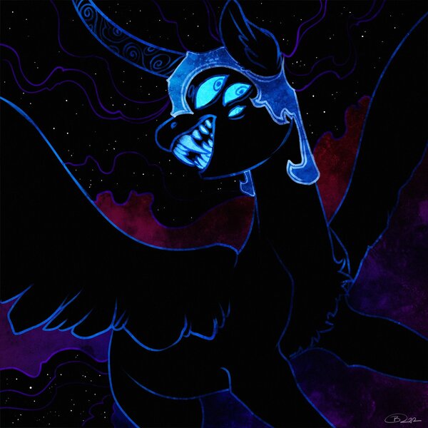 Size: 2000x2000 | Tagged: safe, artist:opalacorn, derpibooru import, nightmare moon, alicorn, pony, curved horn, fangs, female, high res, horn, image, jpeg, mare, missing accessory, multiple eyes, open mouth, solo, spread wings, wings