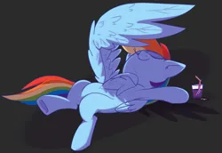 Size: 2183x1500 | Tagged: safe, artist:taaffeiite, derpibooru import, rainbow dash, pegasus, pony, armpits, chest fluff, drink, eyes closed, female, gray background, image, lying down, mare, on back, png, simple background, smiling, solo, wings