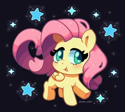 Size: 1200x1074 | Tagged: safe, artist:talimingi, derpibooru import, fluttershy, pegasus, pony, black background, blushing, chibi, image, jpeg, looking at you, raised hoof, simple background, solo, stars