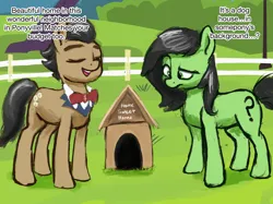 Size: 2732x2048 | Tagged: safe, artist:phutashi, derpibooru import, filthy rich, oc, oc:anon-mare, earth pony, pony, dialogue, dog house, doghouse, duo, female, high res, image, male, mare, newbie artist training grounds, png, stallion