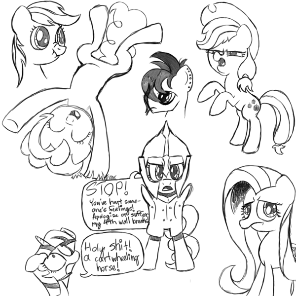 Size: 1000x1000 | Tagged: safe, artist:scootaloormayfly, derpibooru import, applejack, fluttershy, pinkie pie, twilight sparkle, pony, armor, cartwheel, faic, grayscale, image, male, monochrome, oblivion, pinkie being pinkie, png, random pony, simple background, sketch, sketch dump, smoking, stallion, stop right there criminal scum, the elder scrolls, white background