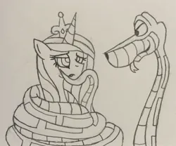 Size: 1862x1549 | Tagged: safe, artist:lunahazacookie, derpibooru import, princess cadance, alicorn, pony, snake, duo, female, hypno eyes, image, jpeg, kaa, kaa eyes, lineart, mare, traditional art