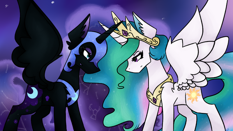 Size: 2488x1400 | Tagged: safe, artist:namiiarts, derpibooru import, nightmare moon, princess celestia, alicorn, pony, constellation, duo, frown, grin, image, looking at each other, looking at someone, narrowed eyes, png, smiling, spread wings, wings