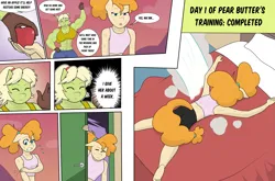 Size: 3931x2599 | Tagged: safe, artist:matchstickman, derpibooru import, granny smith, pear butter, anthro, pony, comic:the other side, abs, apple, bed, clothes, comic, female, food, image, mare, muscles, png, teenager, young granny smith, younger