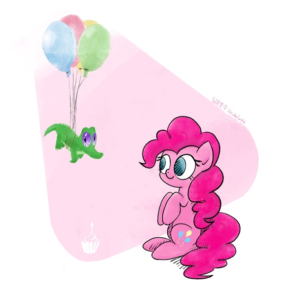 Size: 1773x1773 | Tagged: safe, artist:widelake, derpibooru import, gummy, pinkie pie, earth pony, balloon, cute, diapinkes, image, jpeg, simple background, white background