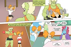 Size: 3931x2599 | Tagged: safe, artist:matchstickman, derpibooru import, cup cake, granny smith, pear butter, anthro, pony, comic:the other side, abs, boxing, boxing gloves, chiffon swirl, clothes, comic, female, image, mare, muscles, png, sports, teenager, weight lifting, weights, young granny smith, younger